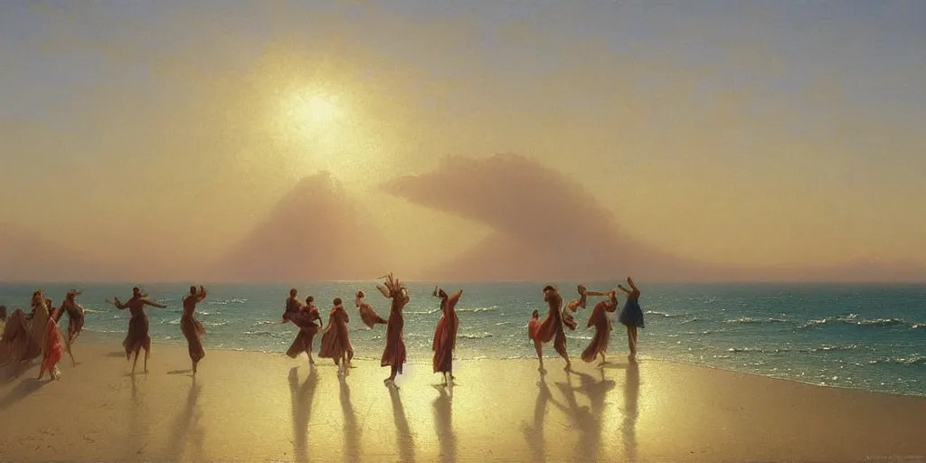 Prompt: dancing people on a sparkly beautiful white pearl beach at sundown, golden hour, long shadows,Ivan Aivazovsky, Christopher Balaskas, Noah Bradley, Albert Bierstadt, Jim Burns, Edwin Church, Frederic Thomas Cole, Brown Durand, Asher David Friedrich, Caspar James Gurney, Johnson Heade, Martin Raphael Lacoste, Ted Nasmith, Andreas Rocha, Christophe Vacher