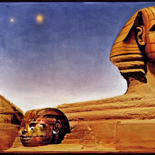 Prompt: the sphinx with the head of john cleese, young john cleese's head on the sphinx, painting by john martin