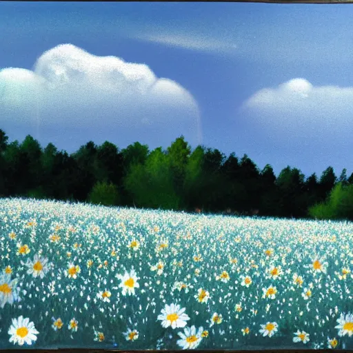 Image similar to a field of light blue daisies with a white sky in the background, matte painting