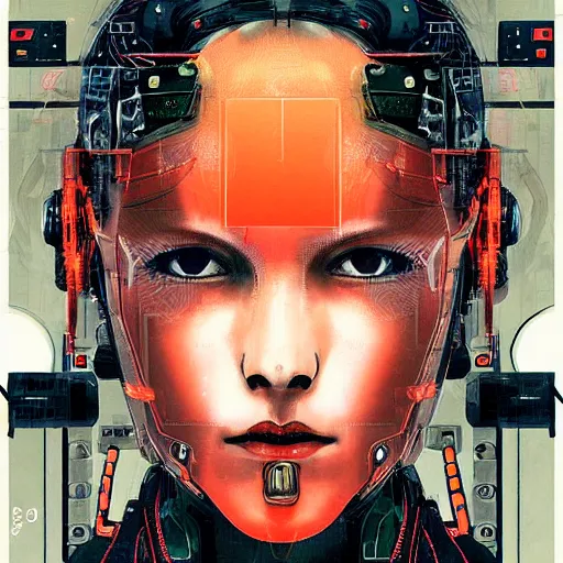 Prompt: portrait of the cyberpunk female pilot with mutiple wired personalities in circuitry, orange - noir tarot card by yoji shinkawa, ryuichi sakamoto, esao andrews and yoshitaka amano