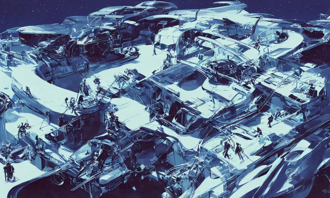 Image similar to Aerial view of an expedition into the frozen wasteland on an alien planet by Syd Mead, Federico Pelat