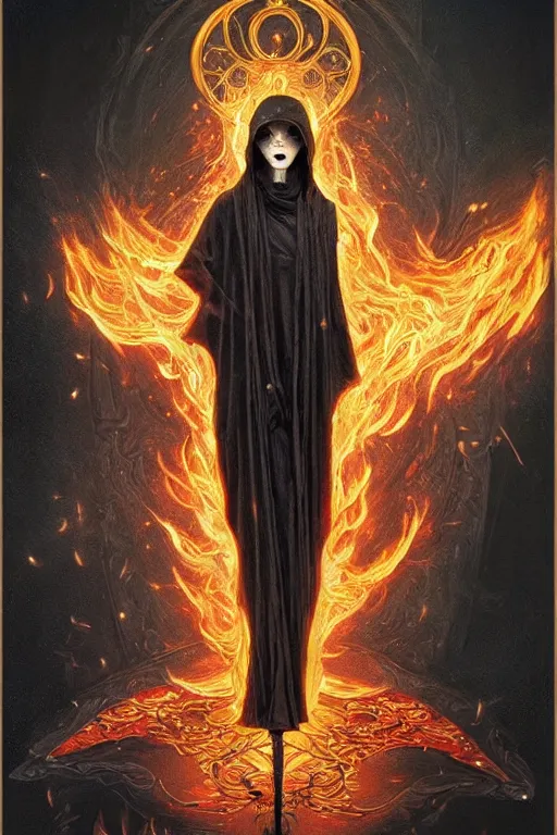 Prompt: ultra realist breathtaking detailed soft painting of grim reaper with a cloak of fireflies and flameches, golden art nouveau scythe blade, flames intricate stained glass background, elegant, highly detailed, artstation, concept art, matte, sharp focus, art by Tom Bagshaw, Artgerm and Greg Rutkowski