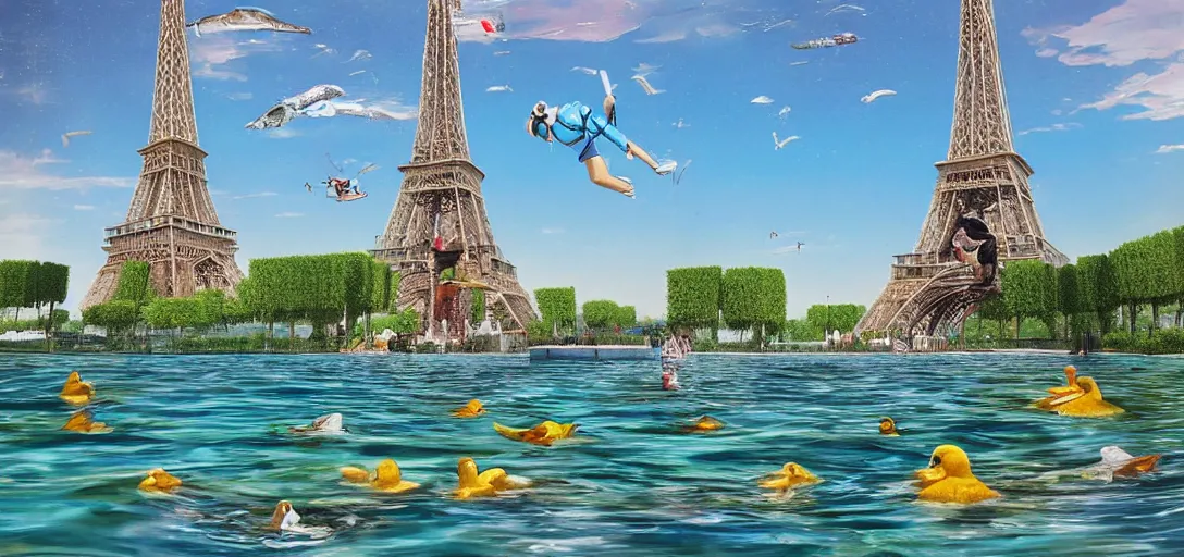 Image similar to super realistic, diver, Eiffel Tower, pond, rubber ducks, ultra high definition