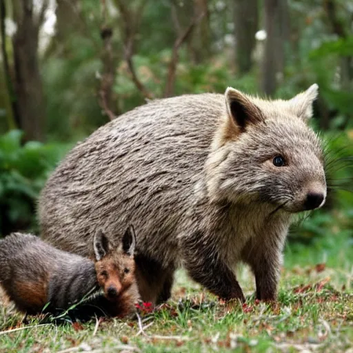 Image similar to wombat sitting on a fox, cute, realistic