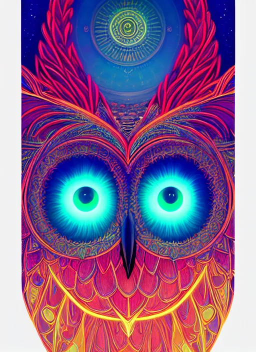 Image similar to symmetry!! product render poster vivid colors divine proportion owl, 神 圣, glowing fog intricate, elegant, highly detailed, digital painting, artstation, concept art, smooth, sharp focus, illustration,