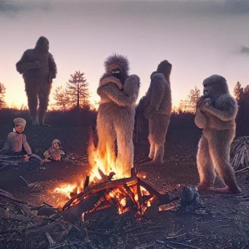 Prompt: Highly detailed, photorealistic, family of Yetis around a bonfire, by Gregory Crewdson