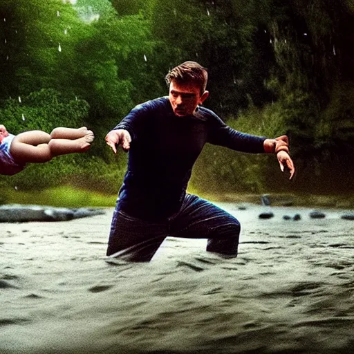 Prompt: location : river, action : man saving child from drowning, atmosphere : rainy. vfx, golden ratio, sharp focus, dramatic lighting, hdr shadows, very detailed, extra crisp, dramatic lighting, hollywood style, at behance, at netflix, with instagram filters, photoshop, adobe lightroom, adobe after effects, taken with polaroid kodak portra