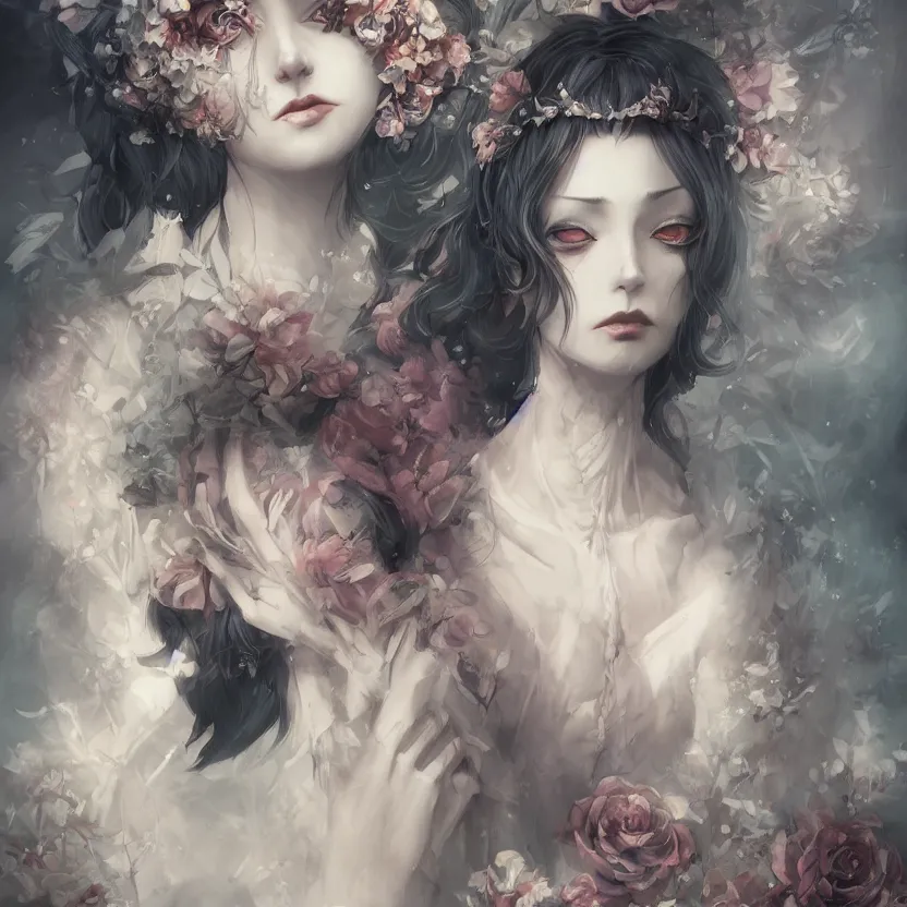 Image similar to Stunning Anime Goddess part skeleton of the floral river flowers, Kissing her king in a dark romance, misty, by cgsociety, in the style of Charlie Bowater, Tom Bagshaw, intricate, beautiful, artstation 8k, high resolution