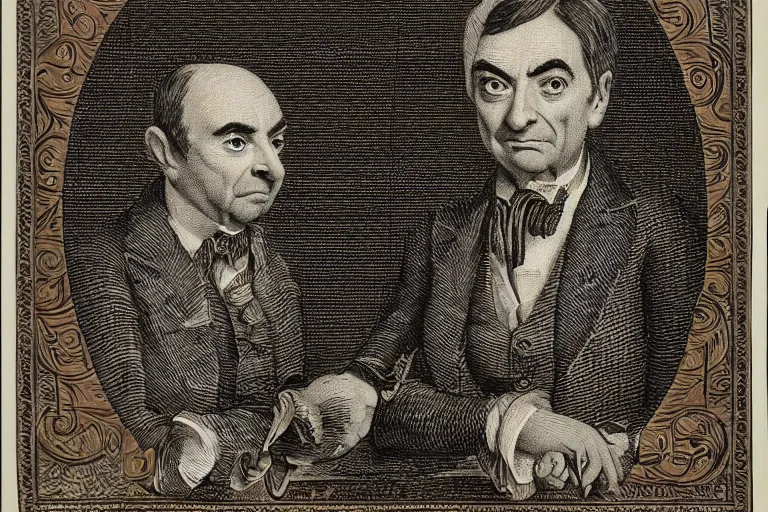 Image similar to An engraved portrait of Mr. Bean , detailed!!! copper-plate engraving in the style of money bills, fine!!! lines, engraved by Alfred Sealey, Bureau of Engraving and Printing