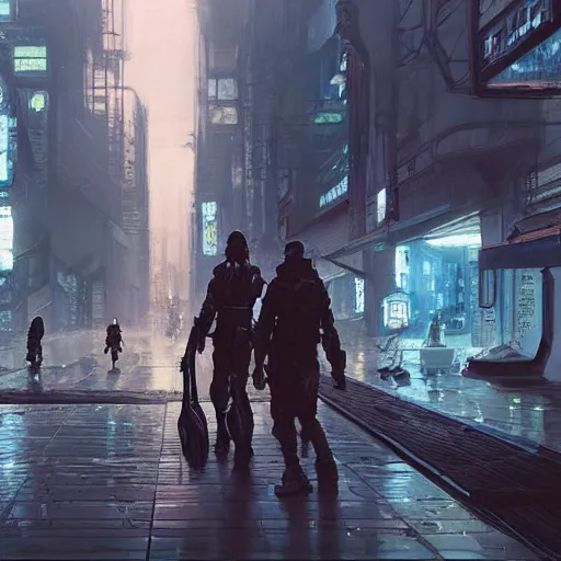 Prompt: cyberpunk people relaxing and walking in the streets, white background, concept art, eddie mendoza, craig mullins