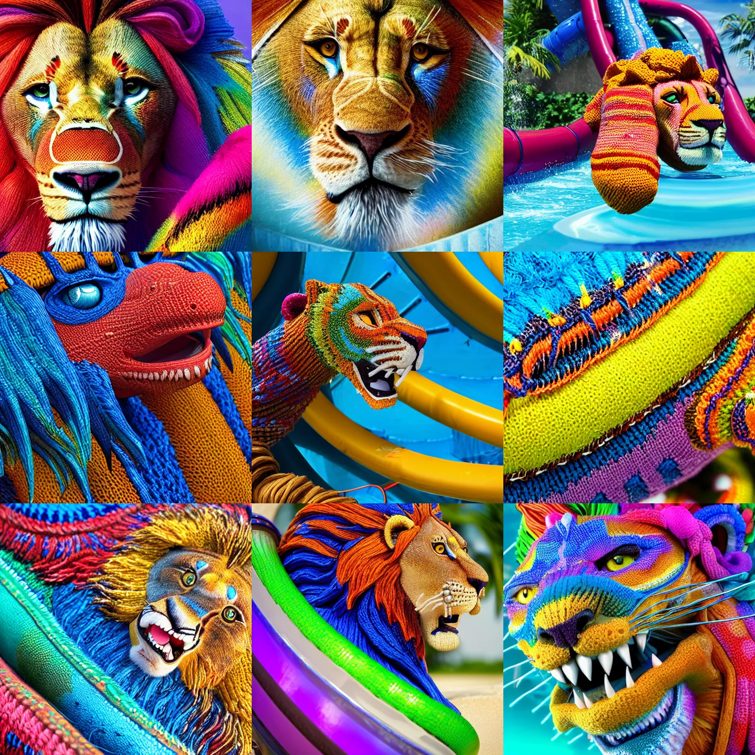 Prompt: a closeup photorealistic photograph of a colorful knitted barracuda lion on a water slide. intricate stitching. professional capture. bright scene. this 4 k hd image is trending on artstation, featured on behance, well - rendered, extra crisp, features intricate detail, epic composition and the style of unreal engine.