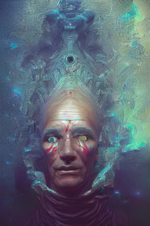 Image similar to portrait of a hyperdimensional jester, 4k detailed hyperrealistic digital photo by Beeple, Gustave Dore, Artstation, CGsociety