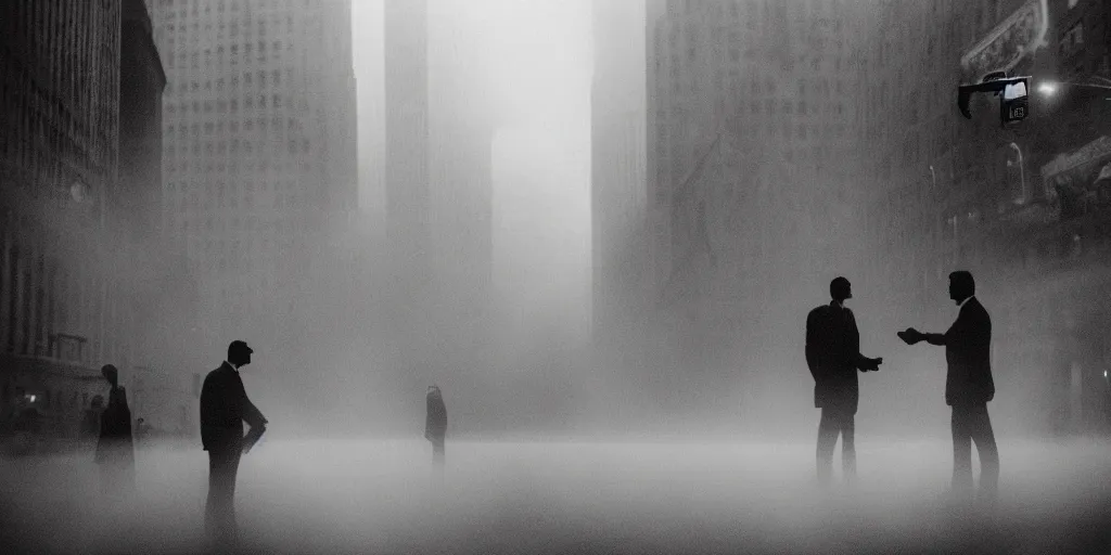 Image similar to a demon and a man making an agreement in the middle of the Wall Street, realistic photography, misty, cinematic, grainy