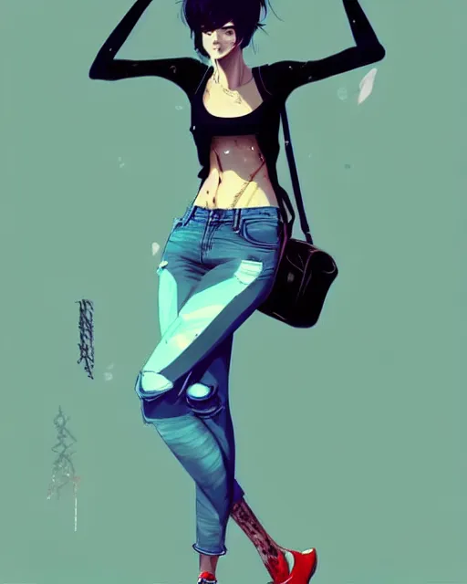 Image similar to a ultradetailed beautiful full body painting of a stylish woman with short hair, she is wearing a black tank top and jeans, by conrad roset, greg rutkowski and makoto shinkai trending on artstation