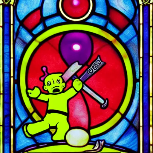 Prompt: the teletubbies fight a demon with swords, stain-glass window