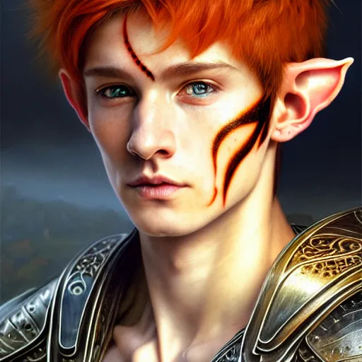 Prompt: portrait painting of an elven male teen with a soft expression and short light orange hair and tribal tattoos on his face wearing fur armor, ultra realistic, concept art, intricate details, eerie, highly detailed, photorealistic, octane render, 8 k, unreal engine. art by artgerm and greg rutkowski and charlie bowater and magali villeneuve and alphonse mucha