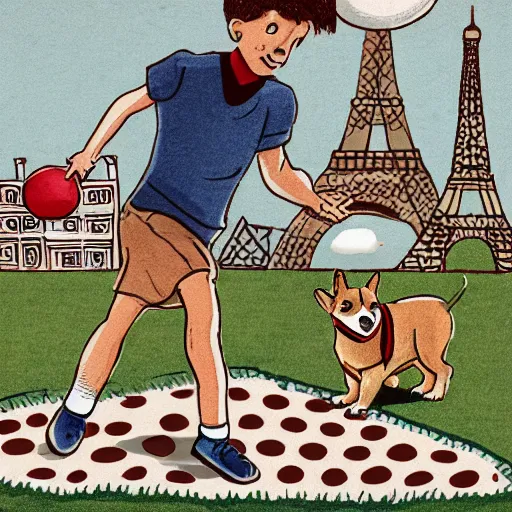 Image similar to illustration of french boy in paris playing football against a corgi, the corgi is wearing a polka dot scarf