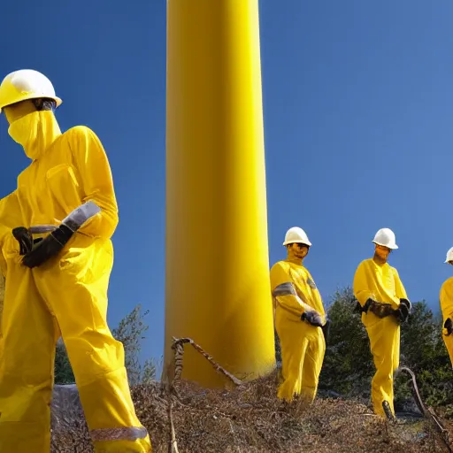 Image similar to tall shadowy faceless creatures with long limbs wearing yellow hard hats