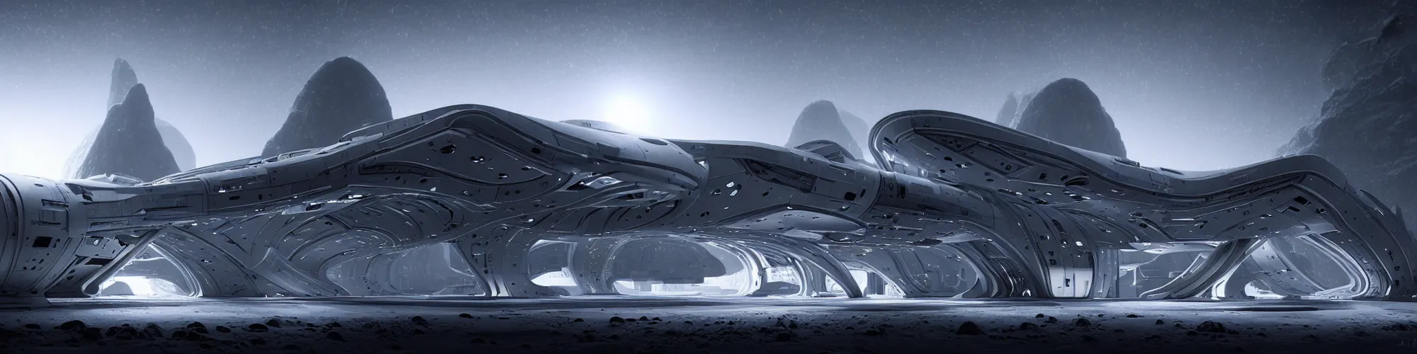 Image similar to futuristic space station in the snowy mountains 3 d concept art, cinematic lighting, intricate details, building by zaha hadid, pastel sunset, emissary space by arthur haas and bruce pennington and john schoenherr, cinematic matte painting, dark moody monochrome colors, trending on artstation, featured on behance