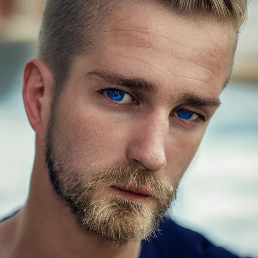 Image similar to close up of face of good looking 4 0 year old slavic blond man with blond stubble, very short wavy blond hair in a short pompadour style, pale skin, very dark blue eyes, hairy shoulders, hairy chest, portrait, 4 k