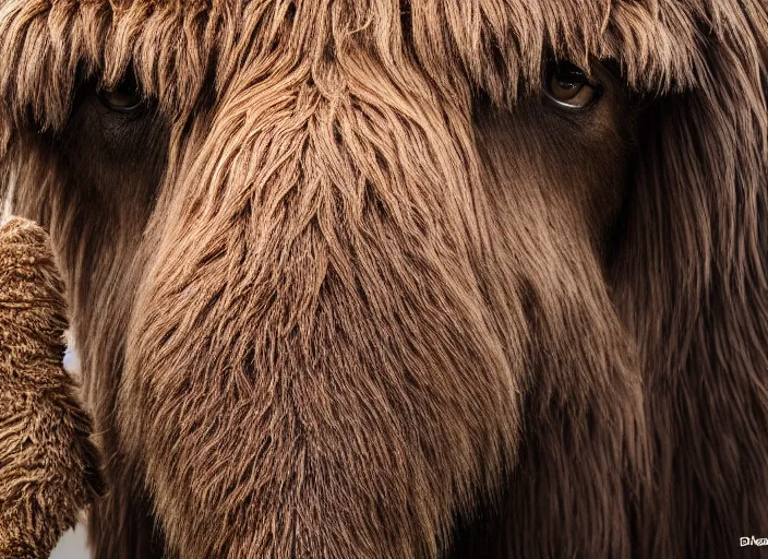 Prompt: closeup of a very wooly brown hairy mammoth, mastodon, mammoth, detailed fur, zoo photography, National Geographic, HD,