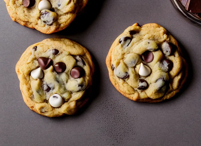 Prompt: dslr food photograph of chocolate chip cookies with a glass of milk, 8 5 mm f 1. 8