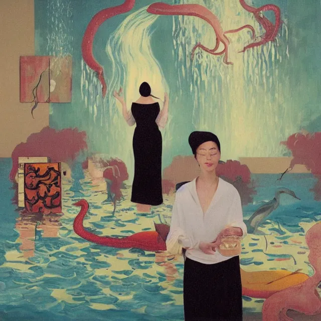 Image similar to tall female artist holding art supplies in her flooded kitchen, pomegranates, octopus, water gushing from ceiling, painting of flood waters inside an artist's apartment, a river flooding indoors, candles, ikebana, zen, rapids, waterfall, black swans, canoe, berries, acrylic on canvas, surrealist, by magritte and monet