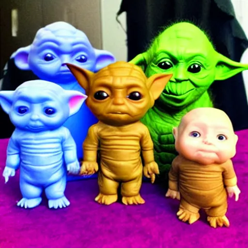 Prompt: baby voldemort, baby harry potter, baby yoda, baby groot, baby mando, baby gummi bear, block party.