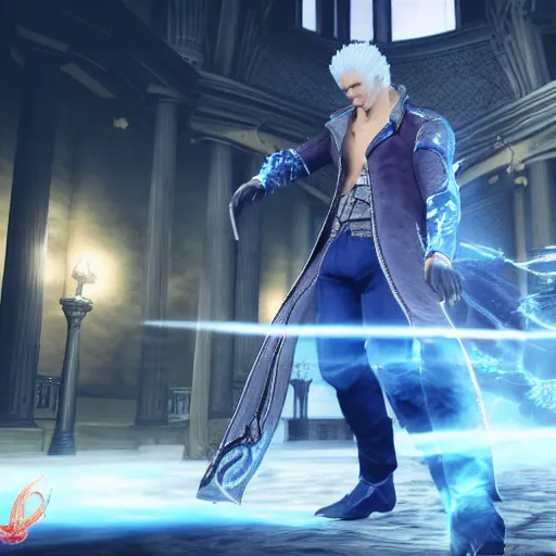 Image similar to Vergil, son of Sparda, beautiful, game screenshot, detailed face, aesthetic, realistic, soft lights, 2022 4k 60 fps