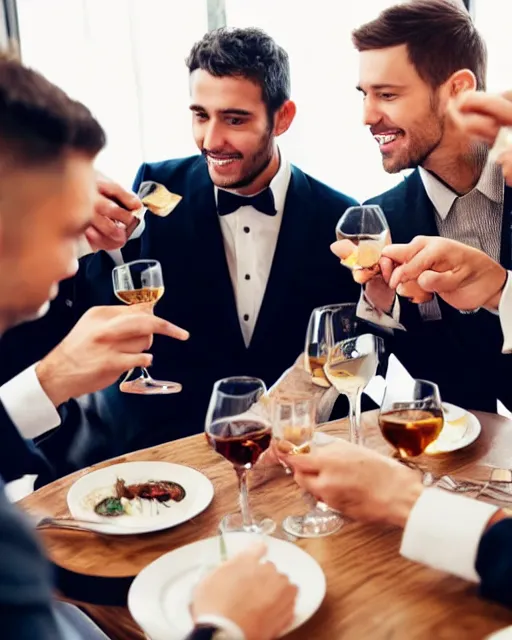 Image similar to a group of well dressed gentleman eating toothpast toasts in a fancy restaurant,