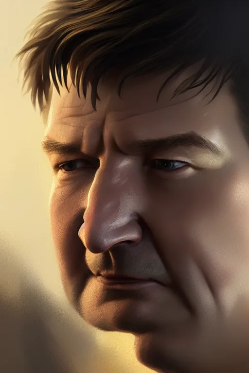 Prompt: ultra detailed close up facial portrait of nathan fillion, extremely detailed digital painting, in the style of fenghua zhong and ruan jia and jeremy lipking and peter mohrbacher, mystical colors, rim light, beautiful lighting, 8 k, stunning scene, raytracing, octane, trending on artstation