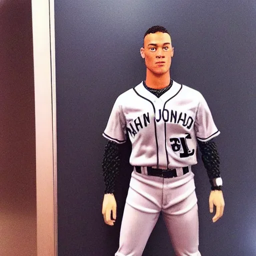 Prompt: “a realistic detailed photo of a guy who is an attractive humanoid who is half robot and half humanoid, who is a male android, baseball player Aaron Judge, shiny skin, posing like a statue, blank stare”