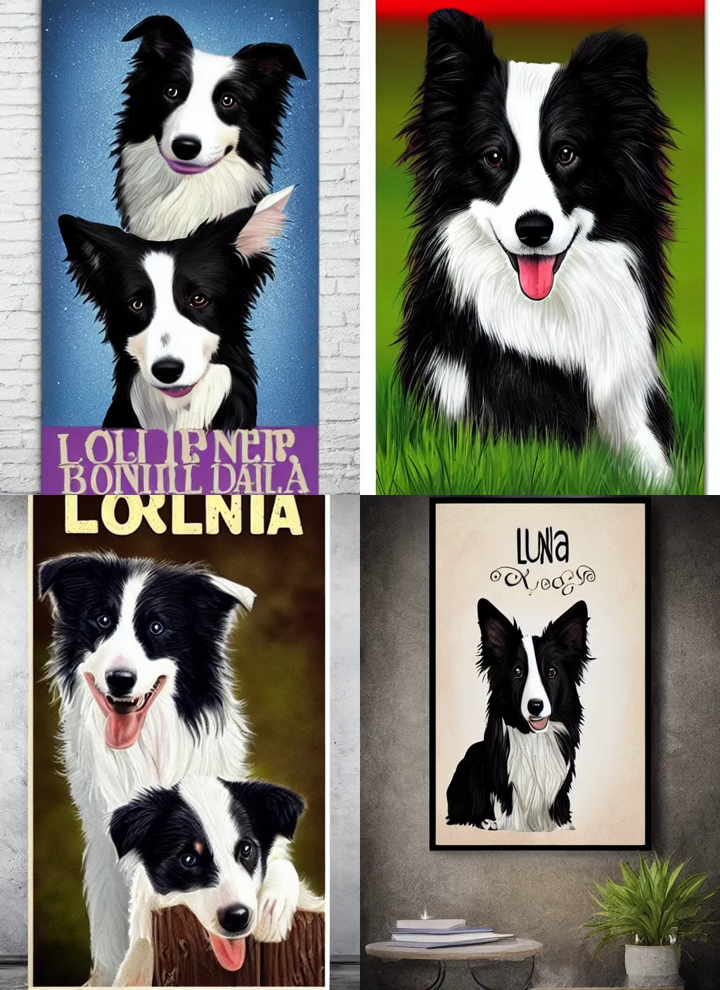 Prompt: border collie dog poster, title LUNA!