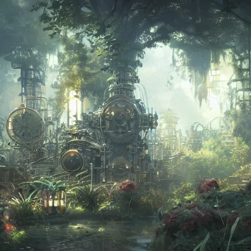 Prompt: a ultradetailed beautiful concept art of the core of a intricate steampunk machine where vegetation have start to peacefully grow in harmony with the machine, dynamic lighting, cinematic lighting, magical atmosphere, concept art, high resolution 4 k, by yasuyuki kaji, greg rutkowski, charlie bowater and artgeem