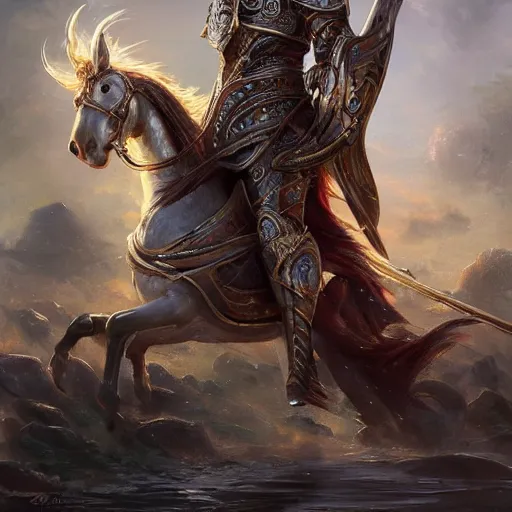 Image similar to Full body shot of beautiful male cleric with long flowing blonde hair wearing burnished bronze armour emblazoned with a swan on the breastplate. Wielding a magical scimitar embossed with the phases of the moon. Magic, bright divine lighting, flux. High fantasy, digital painting, HD, 4k, detailed by Ruan Jia