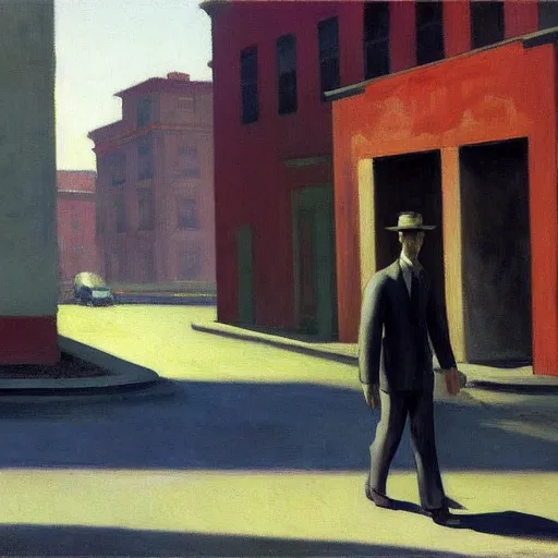 Image similar to oil painting of a man wandering the abandoned streets of an overgrown city, edward hopper.