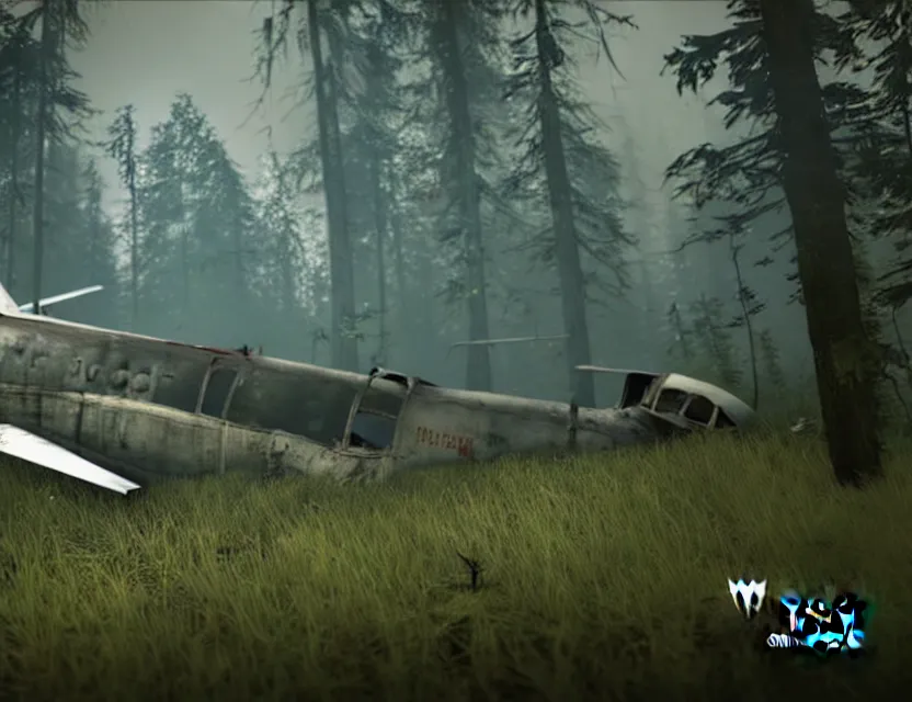 Image similar to a the forest game screenshot with a crashed plane, player is holding a lighter. ultra realistic