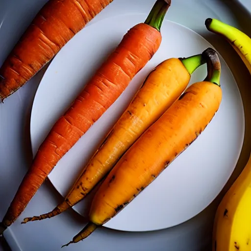 Prompt: a peeled banana with a carrot on the inside, 8k, food photography