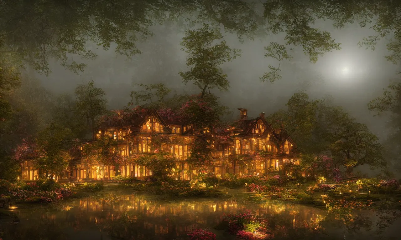 Prompt: a stunning well lit renaissance lake house with lamps and flowers, a beautiful lake in the foreground, moonlit night dreamy atmosphere, highly detailed twigs and plants in the forest, bioluminescent butterflies in the fog in a bokeh background, deep colors, photorealistic digital arts, smooth and rich color scheme, artstation, 8K