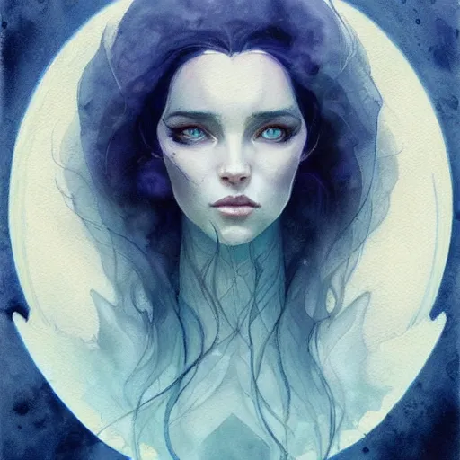 Prompt: beautiful face of a magical queen, with pale skin, blue eyes, long black hair, floating in a misty daze, by pete mohrbacher and greg rutkowski, watercolor painting, deviantart, pinterest, symmetrical portrait, game of thrones