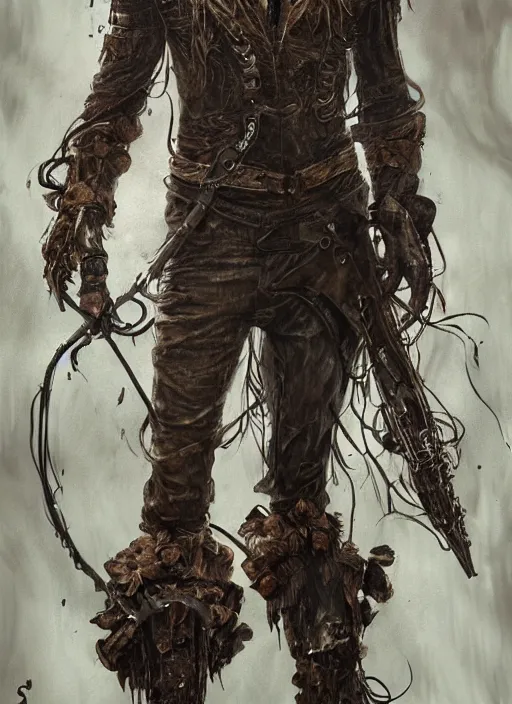 Image similar to powerful male scarecrow, willem dafoe as scarecrow, full body character concept, covered in full leather armor, art nouveau, super powers, fantasy, intricate, elegant, highly detailed, digital painting, artstation, concept art, shining, sharp focus, terrifying, horror, fear, scary, illustration, art by stanley lau