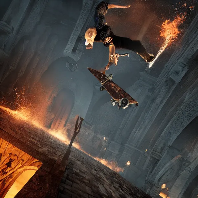 Prompt: tony hawk doing a backflip over a boss in dark souls, dark cinematic, volumetric, realistic, cinematic lighting, ray tracing, unreal engine 5, unreal engine render, octane render, hyper realistic, photo, 8 k