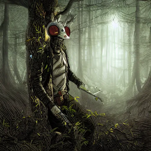 Prompt: hyper-detailed digital painting of a masked man in a dark forest, by kim jung gi