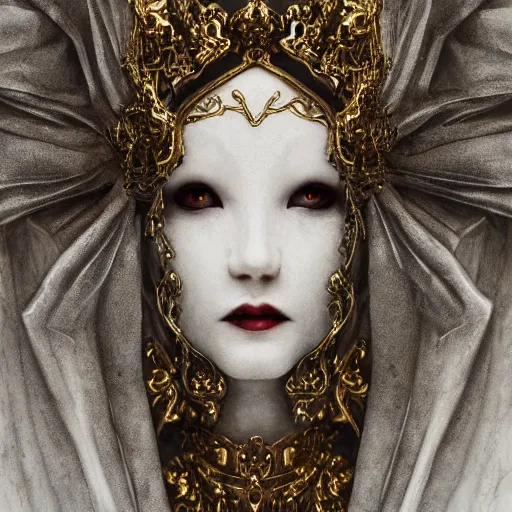 Image similar to vampire, renaissance noble costume, masked, ornate white cotton semi-transparent veils, concept art, cinematic, epic wide shot, artstation, sharp focus, carved white marble female biomechanical sculpture, subtle gold accents, beautifully lit, by Zdzisław Beksiński, hyper detailed, insane details, inticate, elite, ornate, elegant, luxury, dramatic lighting, environmental key art, octane render, weta digital, micro details, structure, ray trace 4k