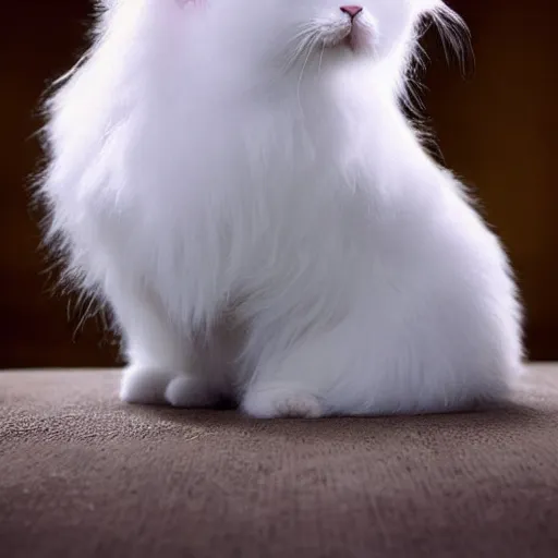 Image similar to A cross between a cute cat and a fluffy bunny , photograph