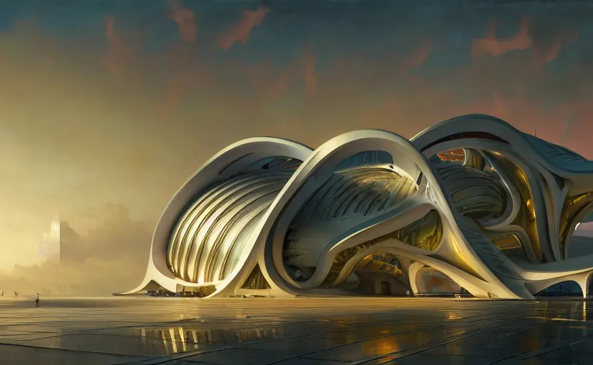 Image similar to exterior shot of utopian architecture building with cinematic lighting by zaha hadid and renzo piano, darek zabrocki and greg ruthkowski, alphonse mucha, simon stalenhag, cinematic, stars, beautiful, holy place, paradise, scifi, futurism, atmospheric, sunset, concept art, artstation, trending on artstation