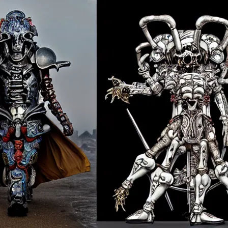 Image similar to still frame from Prometheus by Utagawa Kuniyoshi, lich king Dr doom in ornate bio cybernetic bone armour and skull mask helmet in hells bioship by Wayne Barlowe by peter Mohrbacher by Giger, dressed by Alexander McQueen and by Neri Oxman, metal couture hate couture editorial