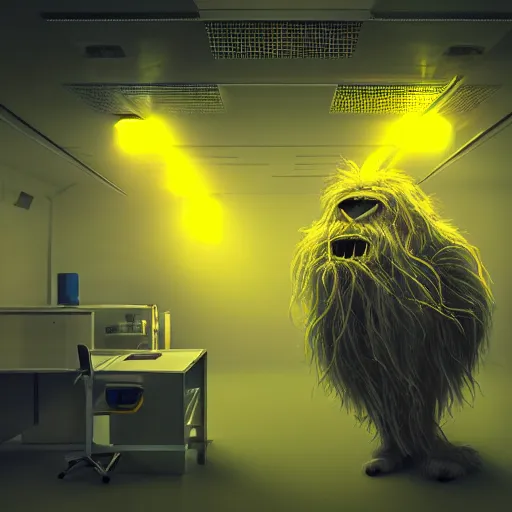 Prompt: hairy monster in laboratory clean room, photolithography, yellow artificial lighting, photorealistic