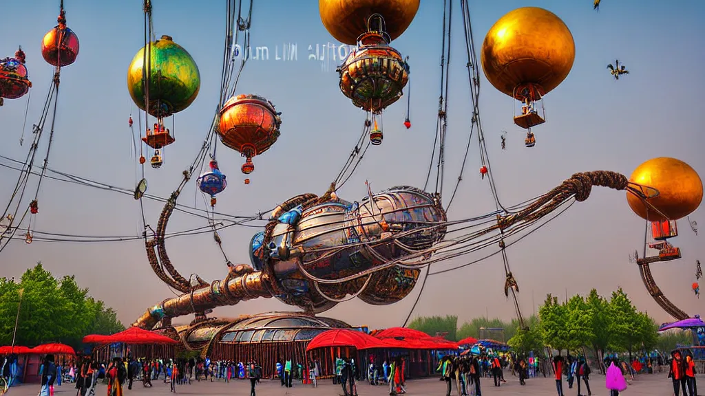 Image similar to large colorful futuristic space age metallic steampunk steam - powered balloons with pipework and electrical wiring around the outside, and people on rope swings underneath, flying high over the beautiful beijing city landscape, professional photography, 8 0 mm telephoto lens, realistic, detailed, photorealistic, photojournalism