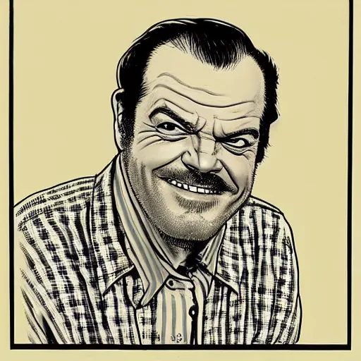 Image similar to a portrait of Jack Nicholson drawn by Robert Crumb